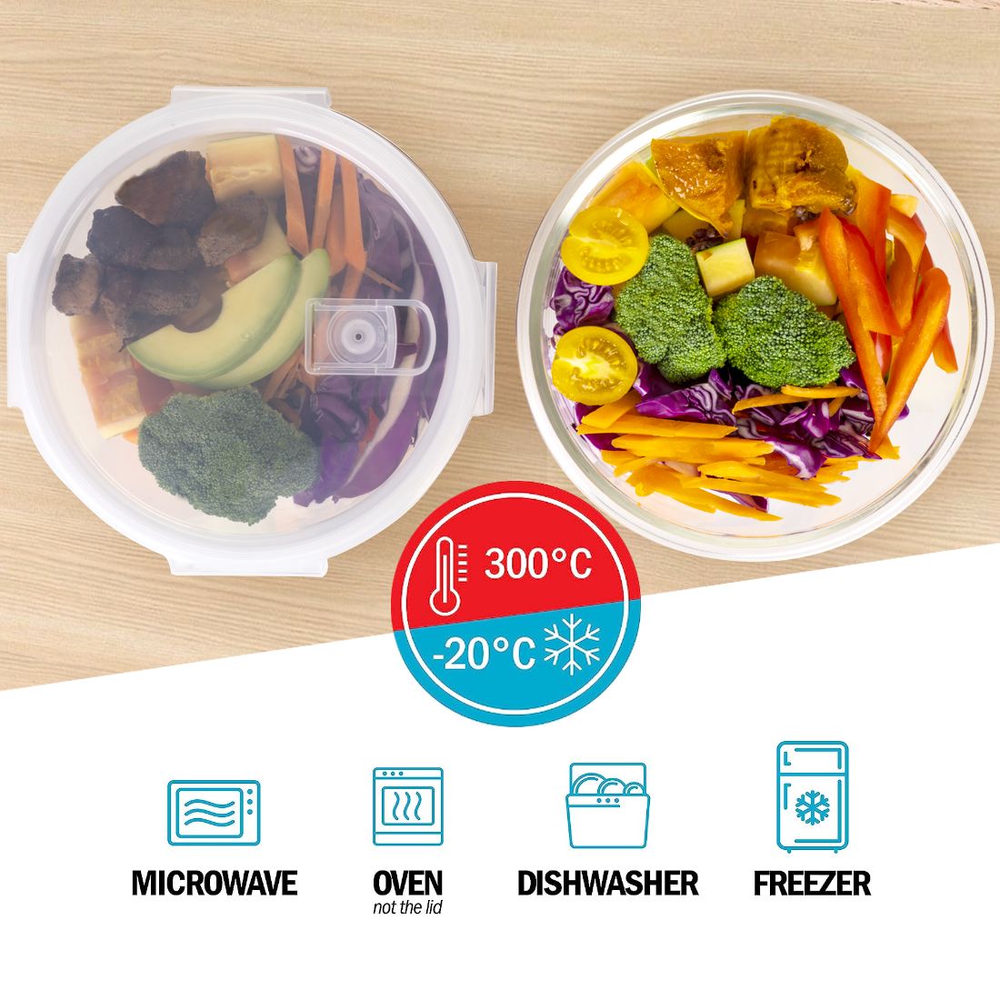 Round Glass Meal Prep Containers with Steam Vent Lid | 950ml | 5 Pack + Extra Lid