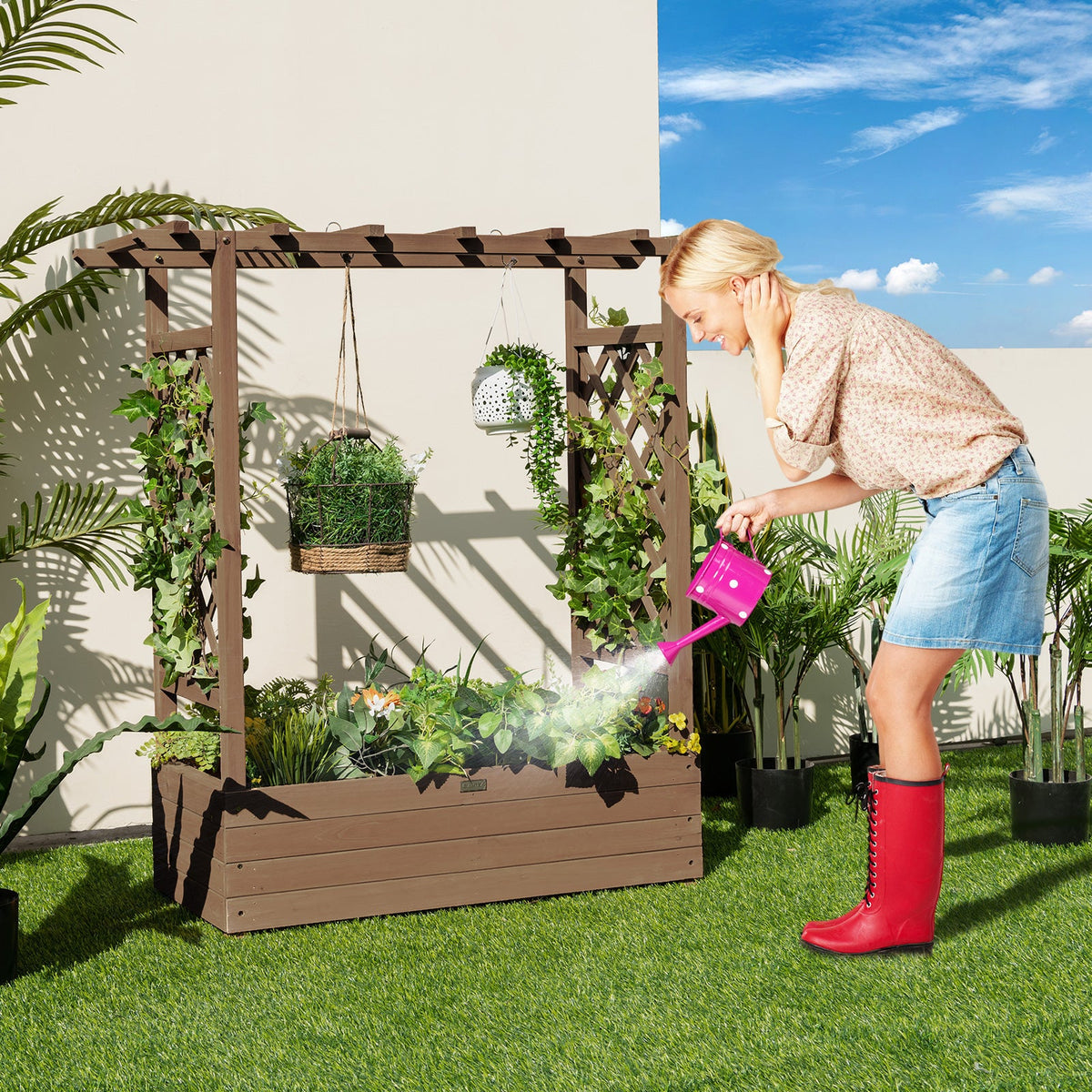 Raised Garden Bed with Arch Trellis-Coffee