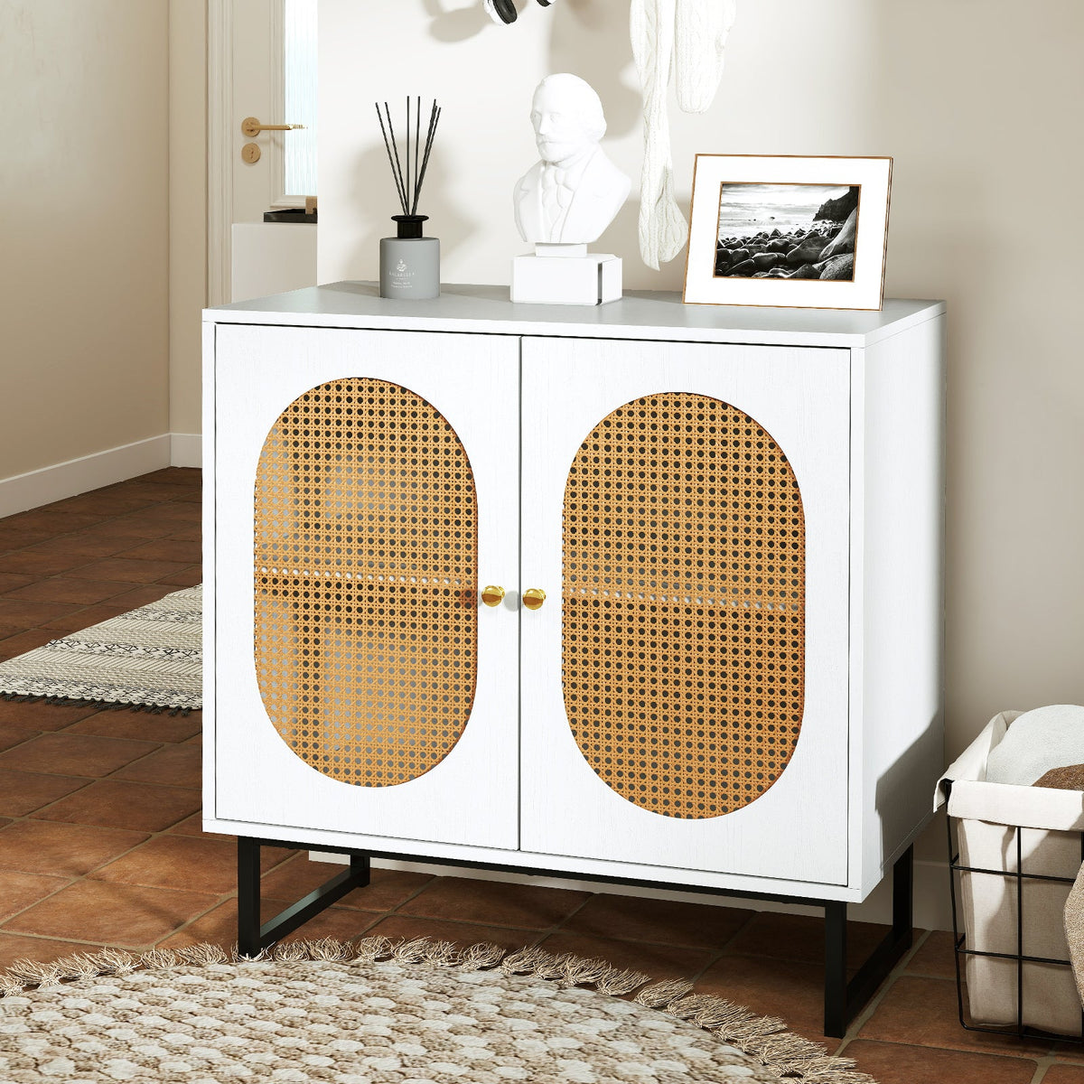 Buffet Cabinet Rattan Storage Cabinet Boho Sideboard-White
