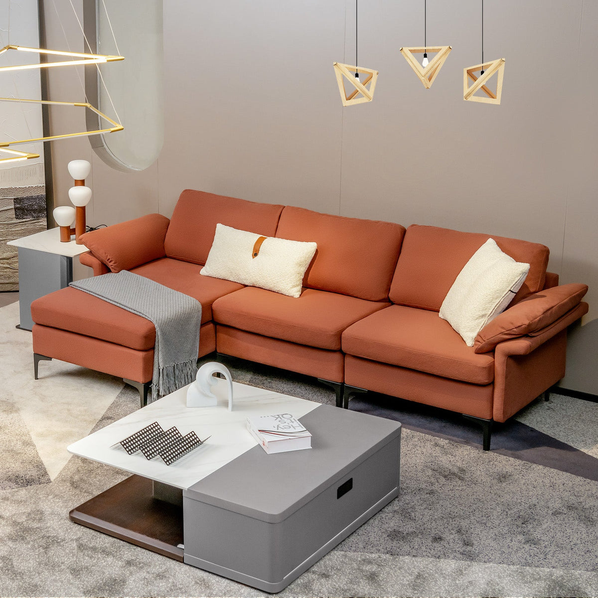 L-shaped 3-Seat Upholstered Sectional Sofa-Grey