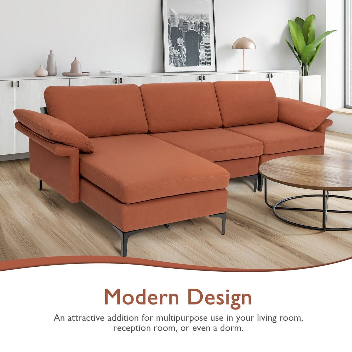 L-shaped 3-Seat Upholstered Sectional Sofa-Grey