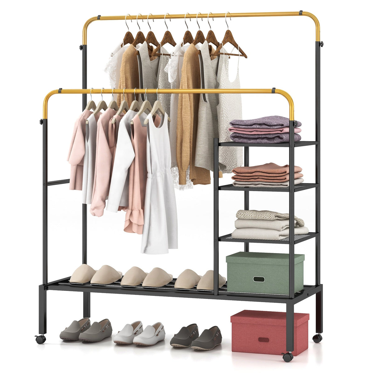 Rolling Clothes Drying Rack with 2 Adjustable Hanging Bars-Black & Silver