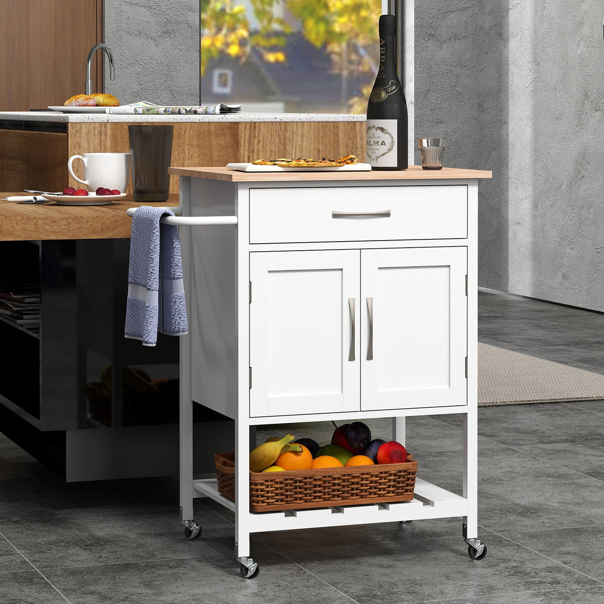Rolling Kitchen Island Cart with Drawer and 2-Door Storage Cabinet-Black