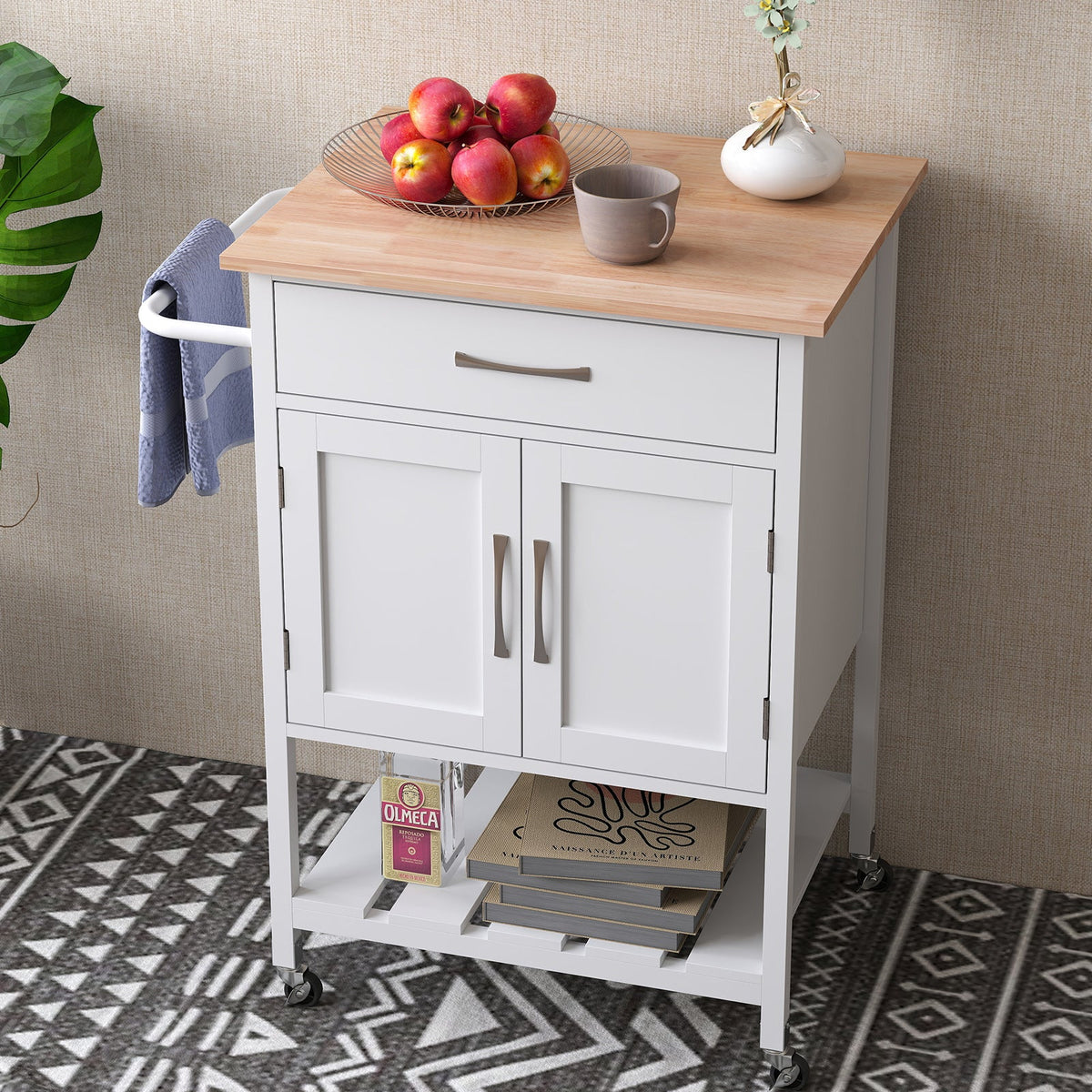 Rolling Kitchen Island Cart with Drawer and 2-Door Storage Cabinet-Black
