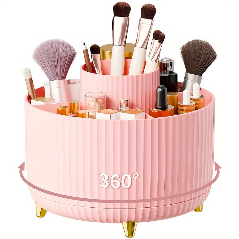Rotating Makeup Organizer - Durable Plastic Cosmetic Storage Holder with 5 Compartments for Brushes, Lipsticks, Skincare