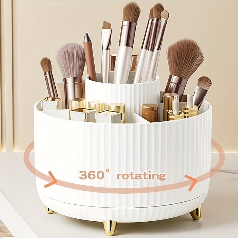 Rotating Makeup Organizer - Durable Plastic Cosmetic Storage Holder with 5 Compartments for Brushes, Lipsticks, Skincare