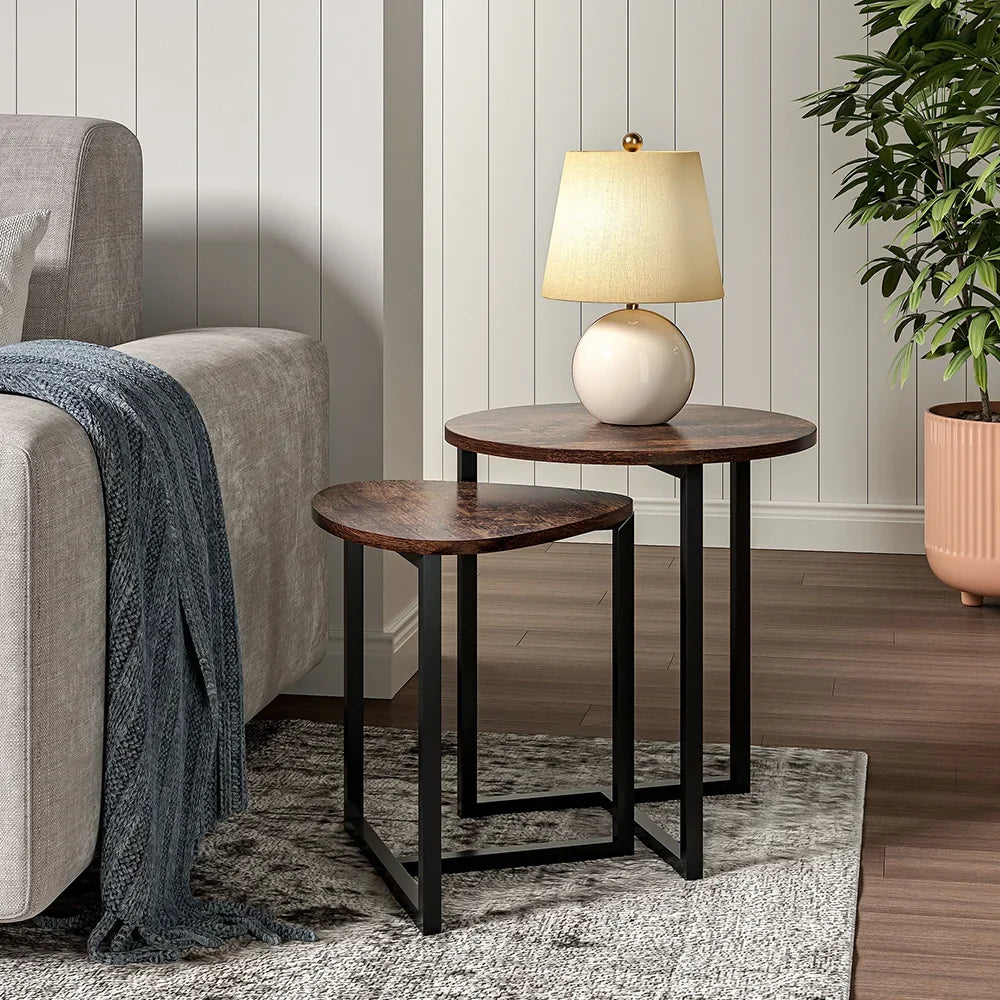 Brown Nesting Side Tables Set Round & Triangle Wooden Coffee Bedside Table Nest