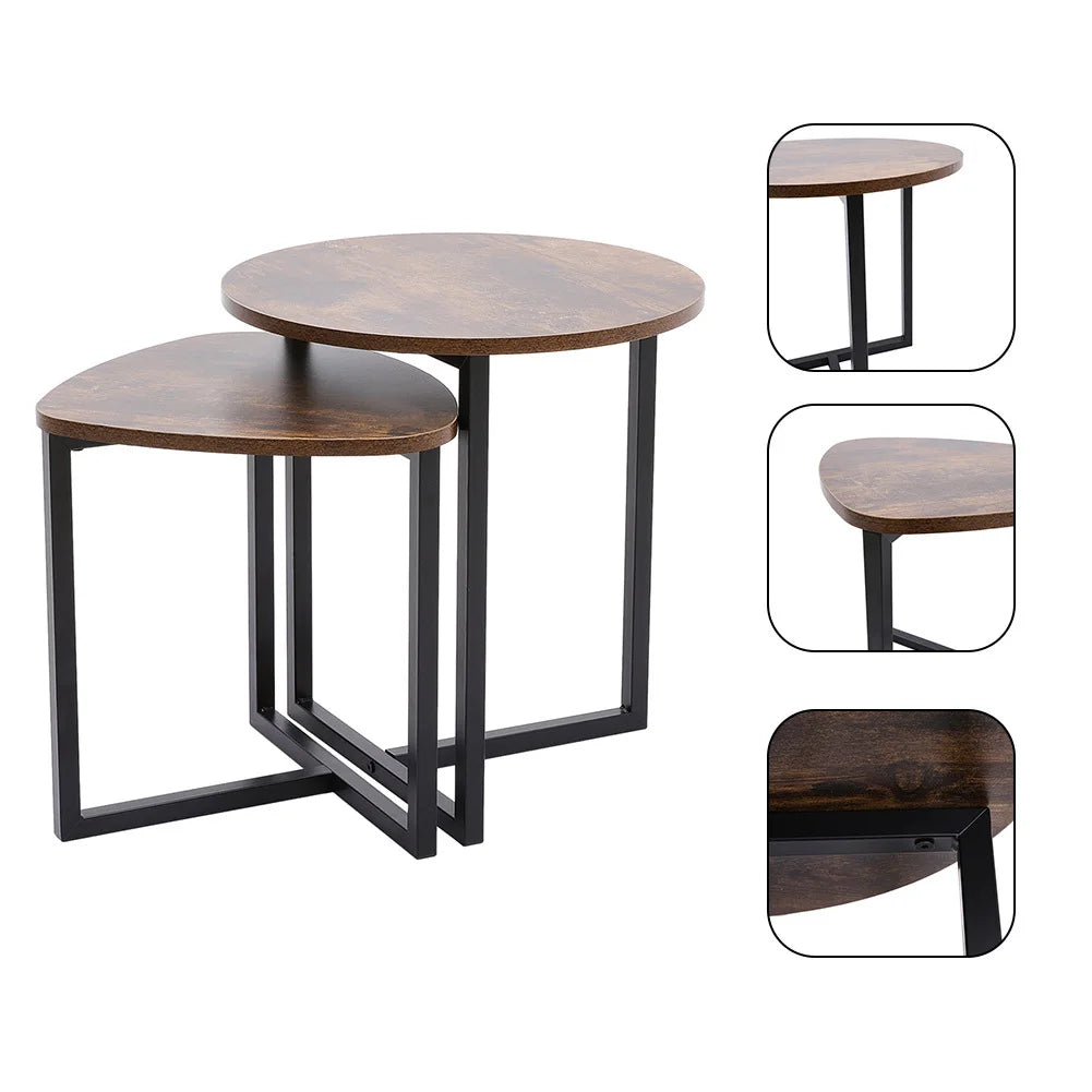 Brown Nesting Side Tables Set Round & Triangle Wooden Coffee Bedside Table Nest