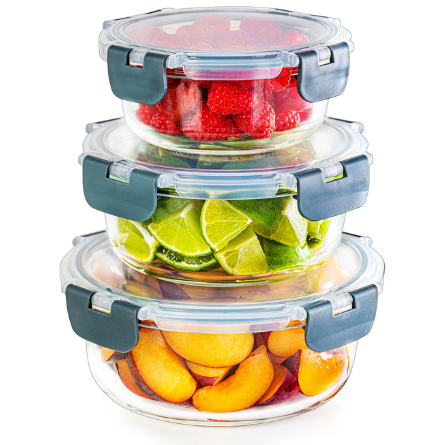 Glass Stackable Round Food Storage Containers – 3 Pack (400ml, 650ml & 950ml)..