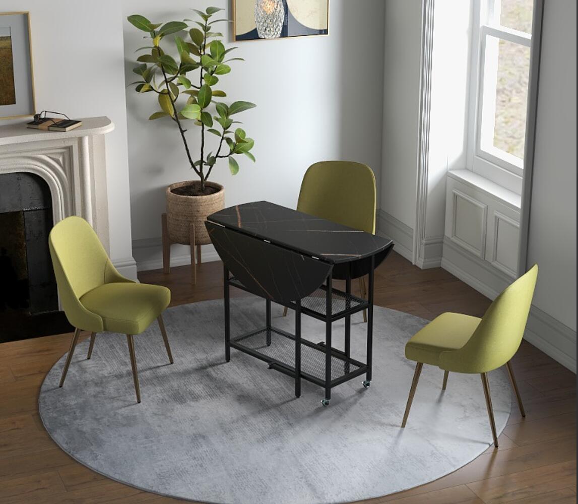 Round Kitchen Table Modern Dining Table with Drop Leaf Tabletop-Black