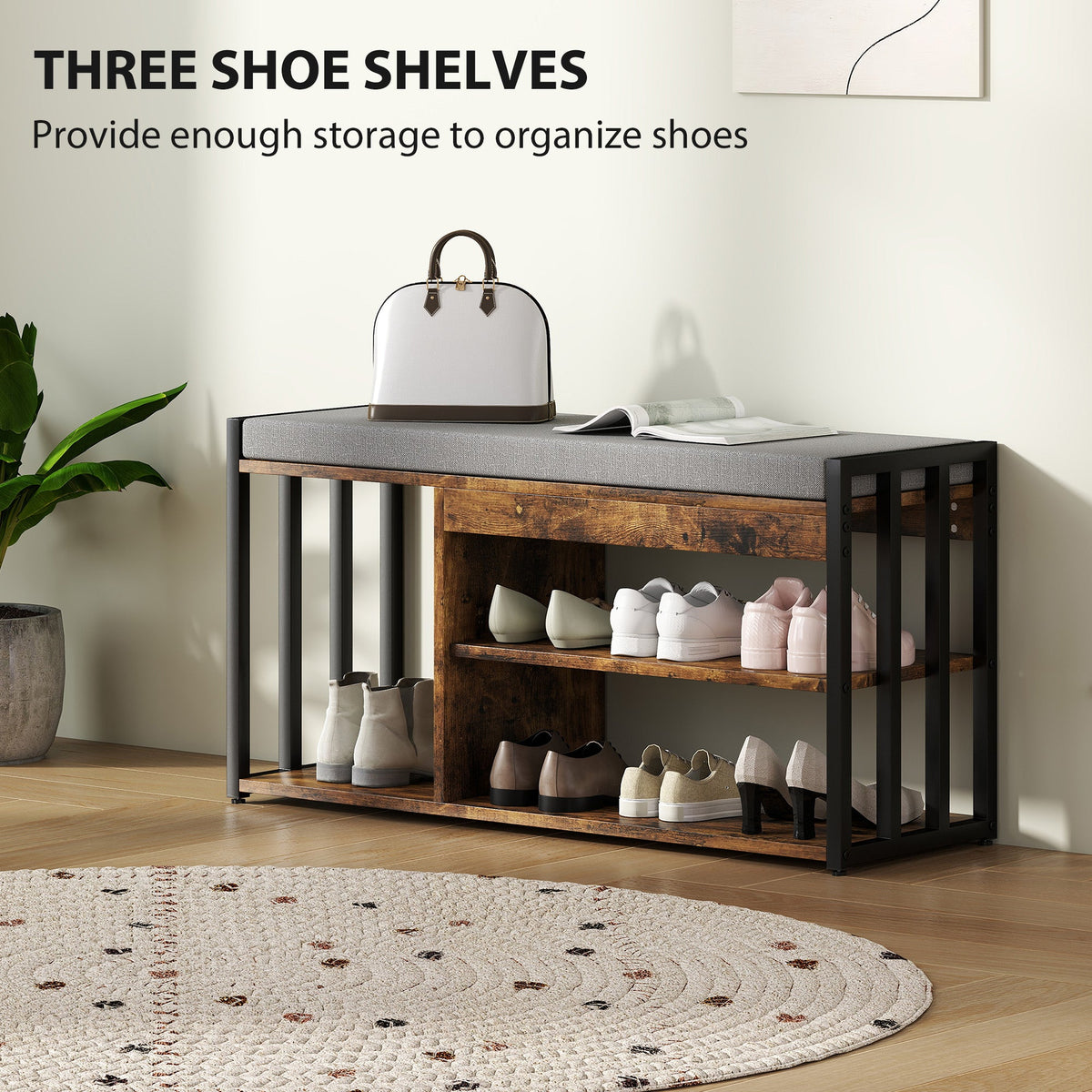 Rustic Brown Shoe Storage Bench with Padded Seat and 3 Shelves for Home Hallway
