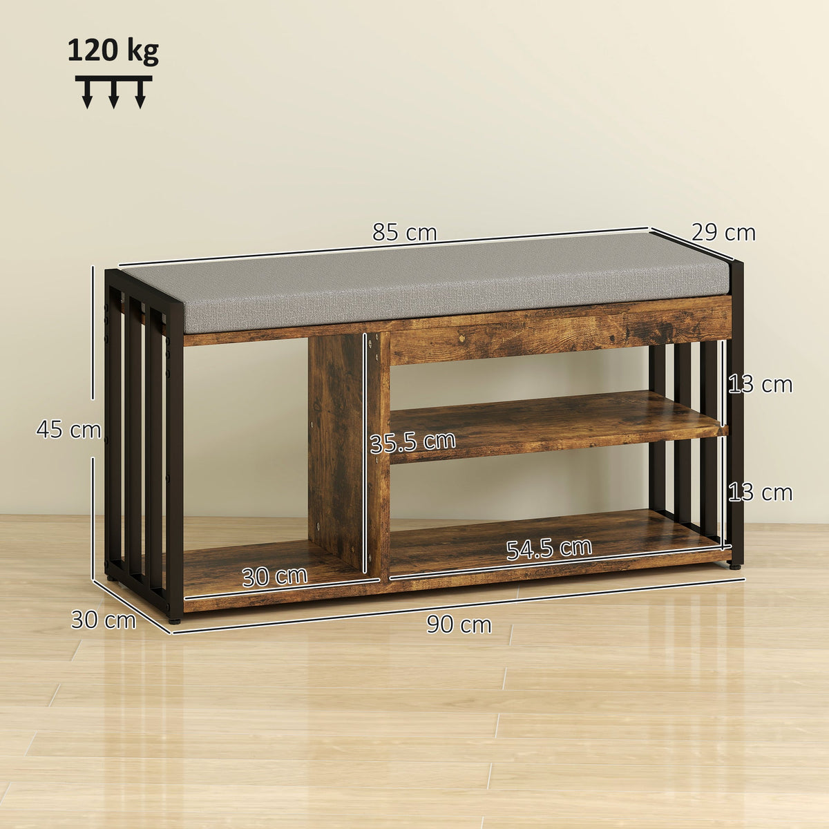 Rustic Brown Shoe Storage Bench with Padded Seat and 3 Shelves for Home Hallway