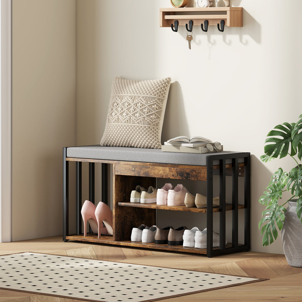 Rustic Brown Shoe Storage Bench with Padded Seat and 3 Shelves for Home Hallway