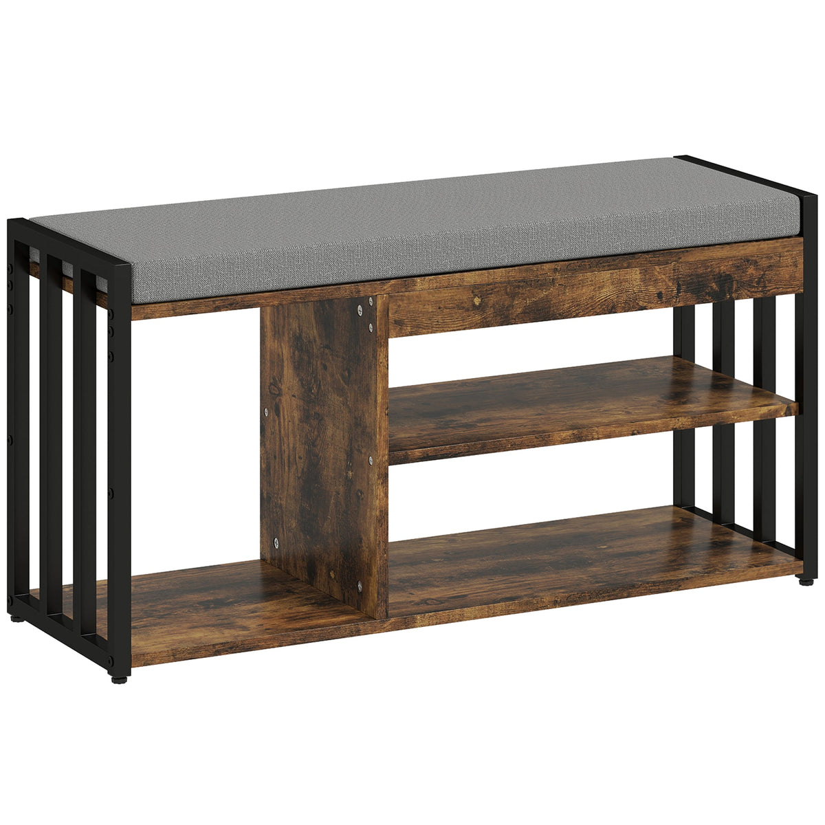 Rustic Brown Shoe Storage Bench with Padded Seat and 3 Shelves for Home Hallway