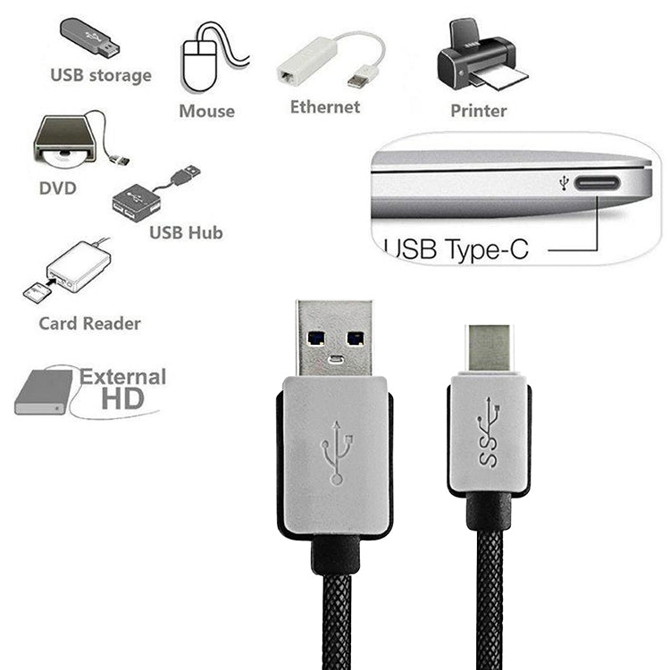 3 m geflochtenes USB-C-/Typ-C-3.1-Stecker-auf-USB-3.0-Stecker-Daten-/Ladekabel, 3 m