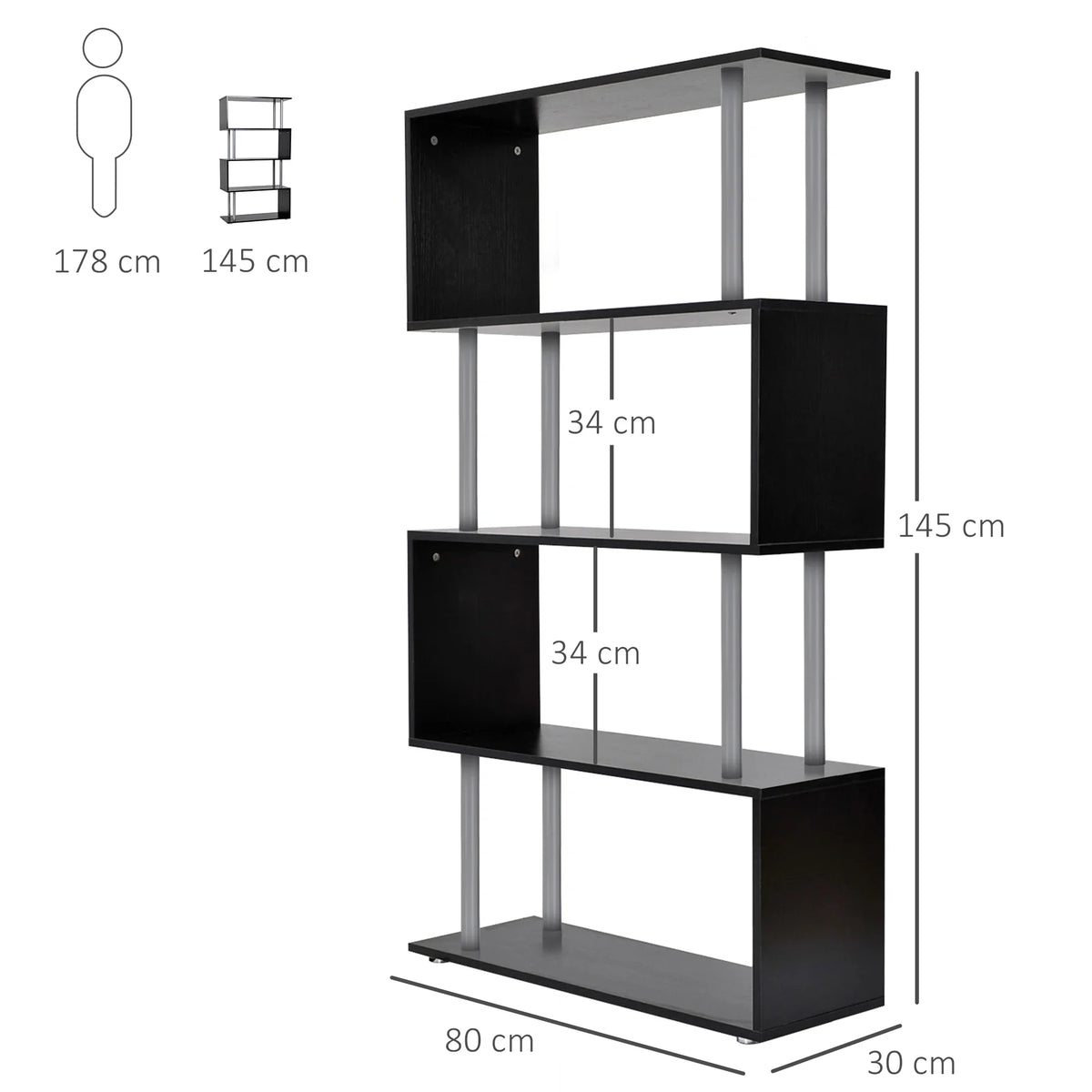 S Shape Bookcase Storage Display Unit Shelving Divider Black Wooden Metal Frame