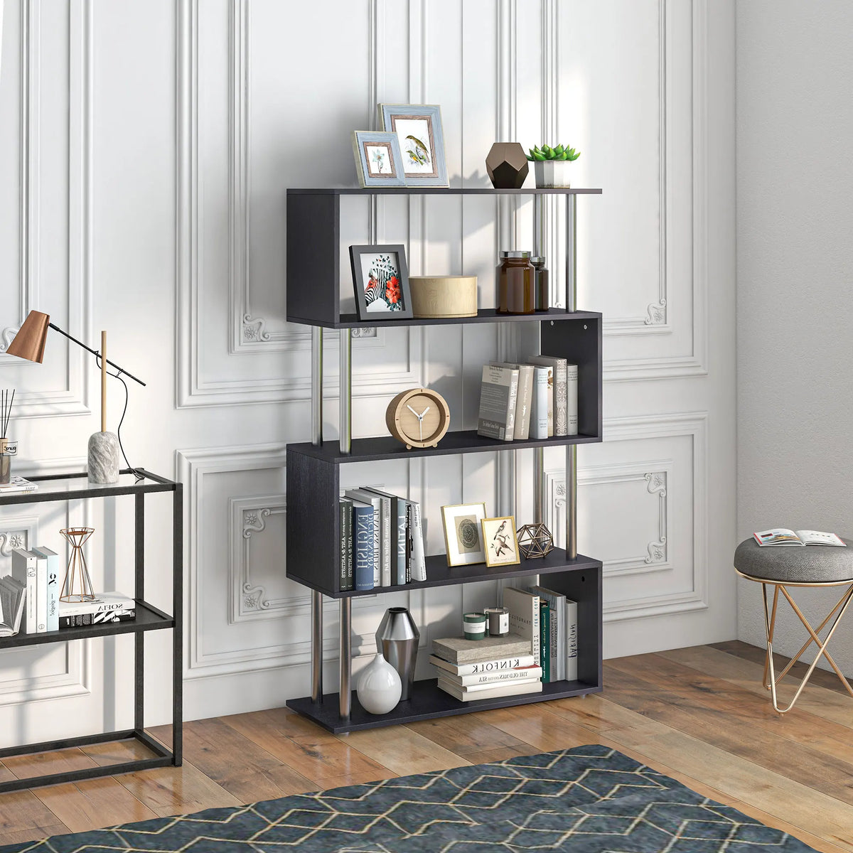 S Shape Bookcase Storage Display Unit Shelving Divider Black Wooden Metal Frame