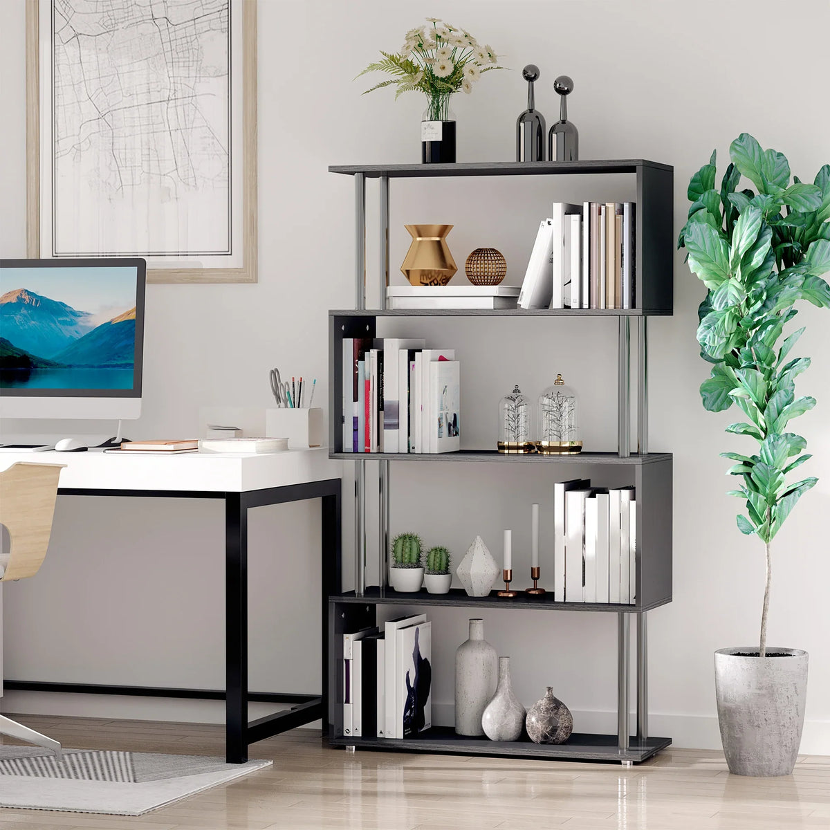 S Shape Bookcase Storage Display Unit Shelving Divider Black Wooden Metal Frame