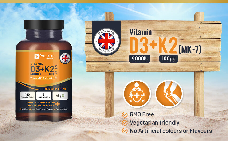 Vitamin D3 4000IU & K2 MK7 100μg Vegetarian 180 Tablets Supplement for Immune Support Calcium Boost, Bone & Muscle by Prowise