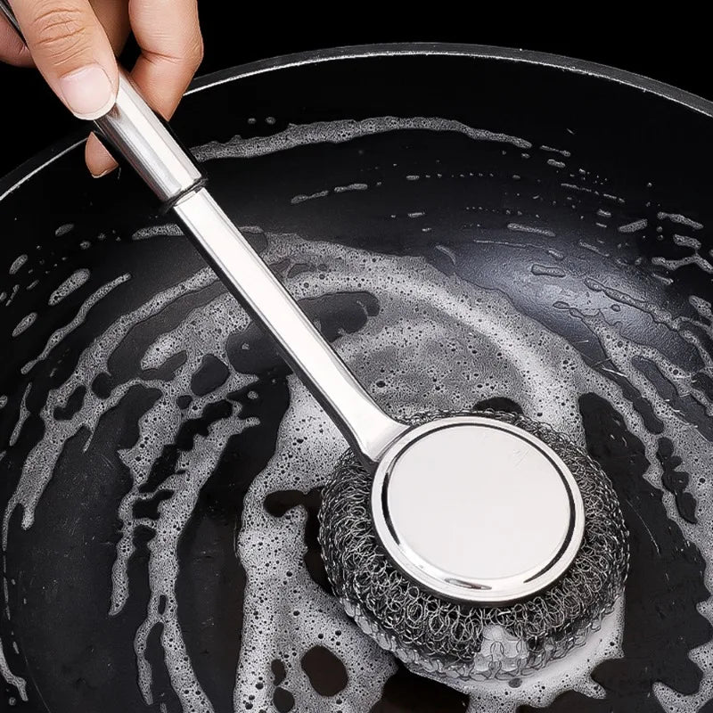 Stainless Steel Wire Brush with Long Handles Kitchen Replacement Steel Wool Wire Ball Dishwashing Brush Sink Countertop Cleaning