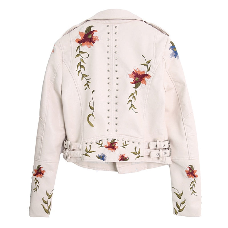 Women's Floral Embroidery PU Leather Biker Jacket – Turn-Down Collar | Black