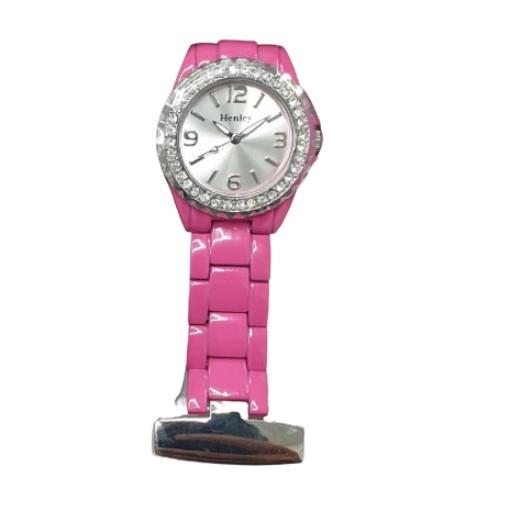 Henley Womans Pink Enamel Link Beauticians Diamante Fob Watch HF01.5 - CLEARANCE NEEDS RE-BATTERY