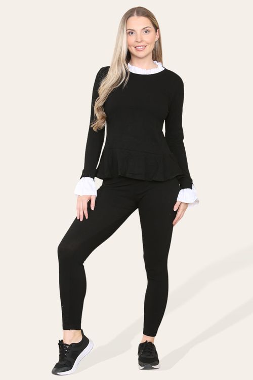 Peplum Frill Neck Suit Pleated Lounge Wear Set