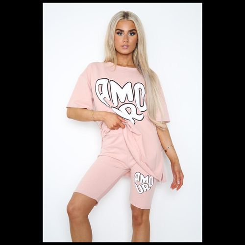 Amour Side Slit Cycling Short and T-Shirts Co-Ord Two Piece Set with Front Amour Slogan