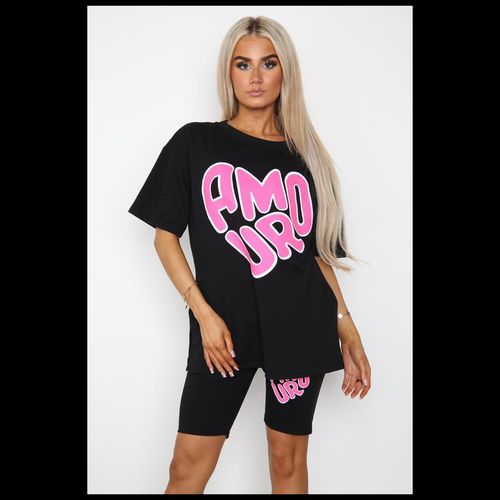 Amour Side Slit Cycling Short and T-Shirts Co-Ord Two Piece Set with Front Amour Slogan