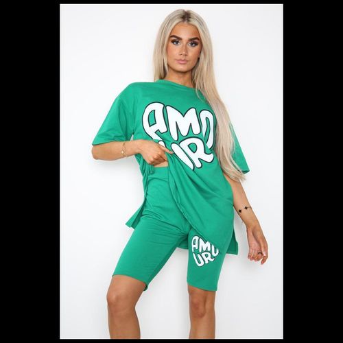 Amour Side Slit Cycling Short and T-Shirts Co-Ord Two Piece Set with Front Amour Slogan