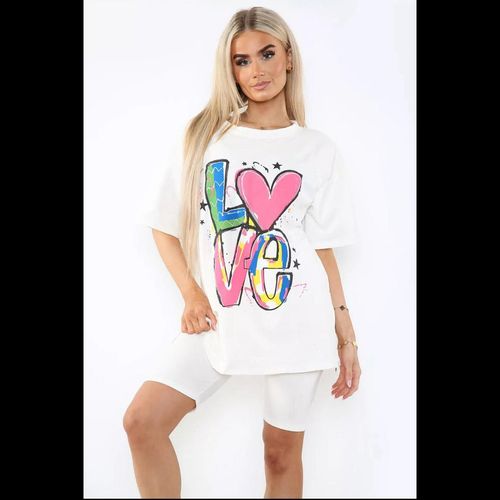 Cycling Short and T-Shirts Co-Ord Two Piece Side Slit Set with Front Printed Slogan