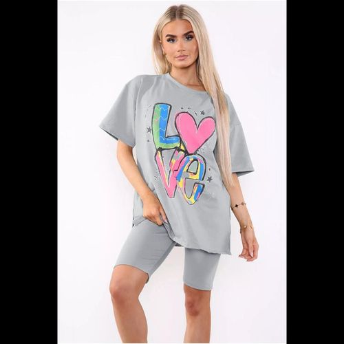 Cycling Short and T-Shirts Co-Ord Two Piece Side Slit Set with Front Printed Slogan