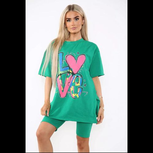 Cycling Short and T-Shirts Co-Ord Two Piece Side Slit Set with Front Printed Slogan