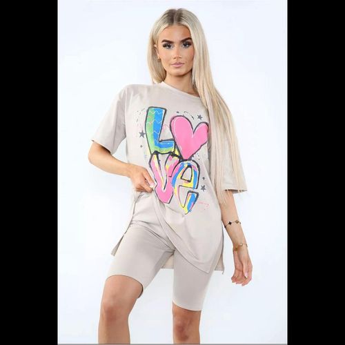 Cycling Short and T-Shirts Co-Ord Two Piece Side Slit Set with Front Printed Slogan