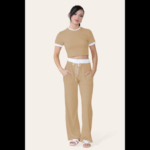 Ribbed Contrast Wide Leg Flared Trousers And Top Loungewear TRS Cropped Set
