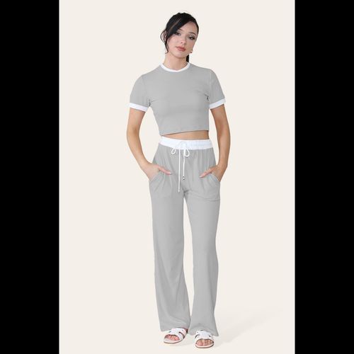 Ribbed Contrast Wide Leg Flared Trousers And Top Loungewear TRS Cropped Set