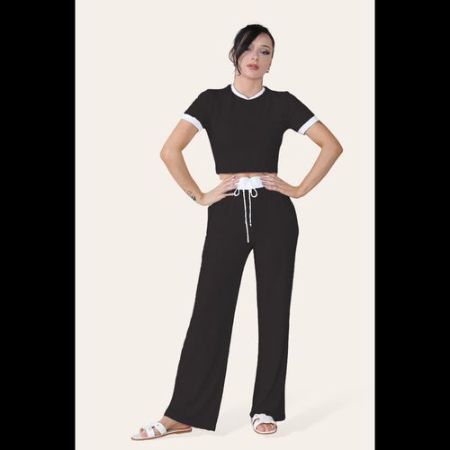 Ribbed Contrast Wide Leg Flared Trousers And Top Loungewear TRS Cropped Set