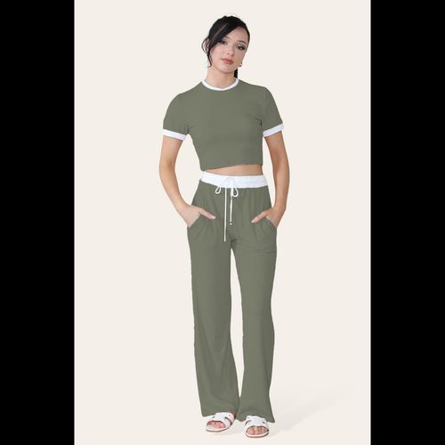 Ribbed Contrast Wide Leg Flared Trousers And Top Loungewear TRS Cropped Set
