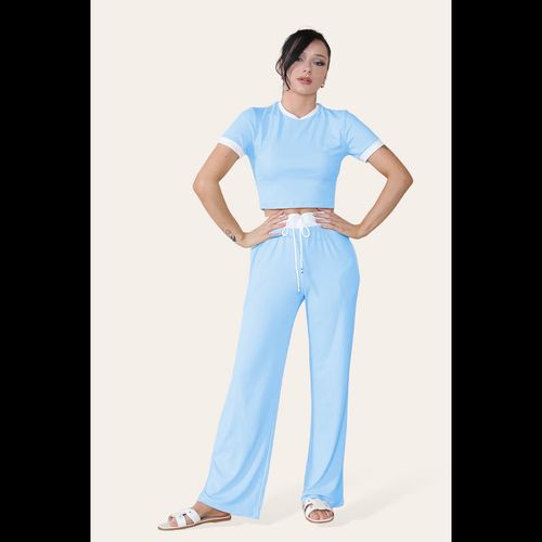 Ribbed Contrast Wide Leg Flared Trousers And Top Loungewear TRS Cropped Set