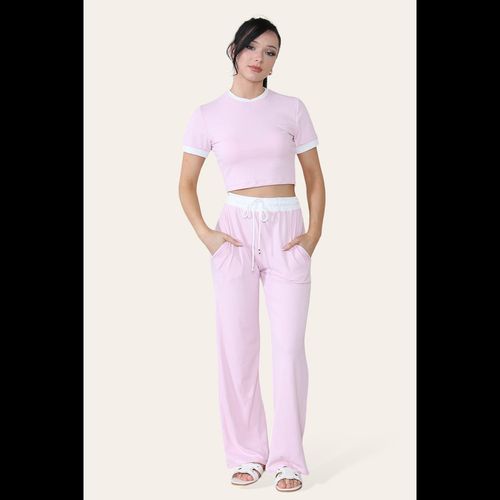 Ribbed Contrast Wide Leg Flared Trousers And Top Loungewear TRS Cropped Set