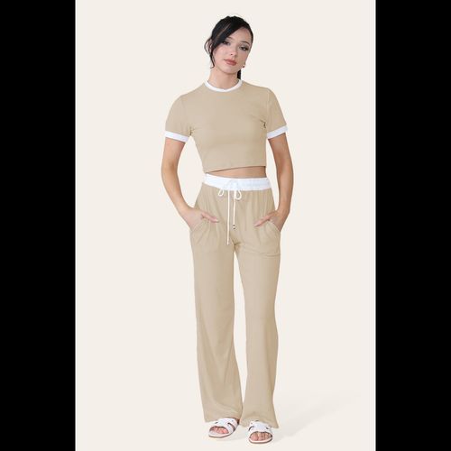 Ribbed Contrast Wide Leg Flared Trousers And Top Loungewear TRS Cropped Set
