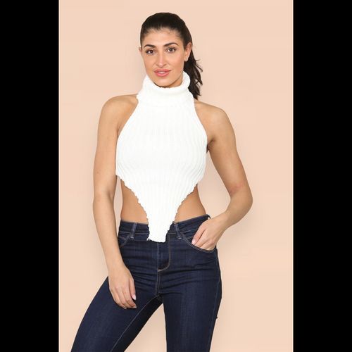 High Neck Roll Knitted Backless Front Cropped Top