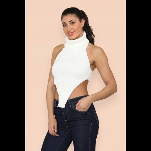 High Neck Roll Knitted Backless Front Cropped Top