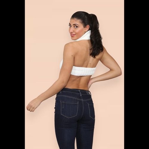 High Neck Roll Knitted Backless Front Cropped Top