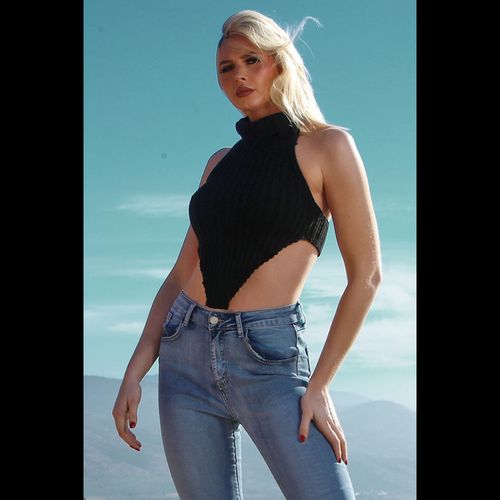 High Neck Roll Knitted Backless Front Cropped Top