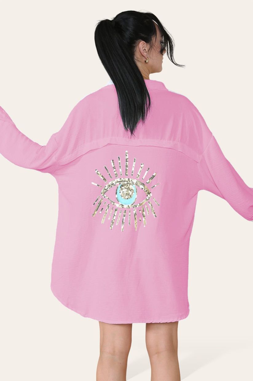 Oversized Long Sleeve Gold Sequin Eye Button Up Shirt