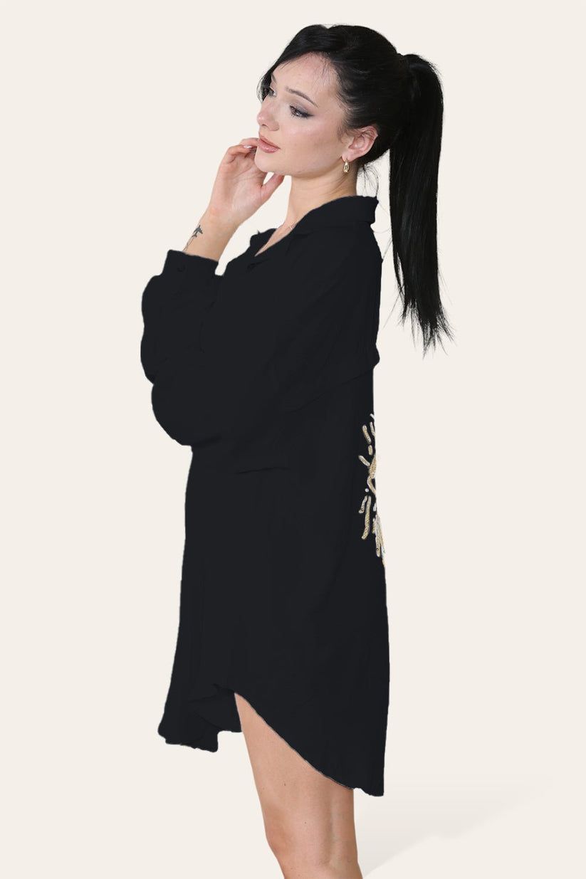 Oversized Long Sleeve Gold Sequin Eye Button Up Shirt