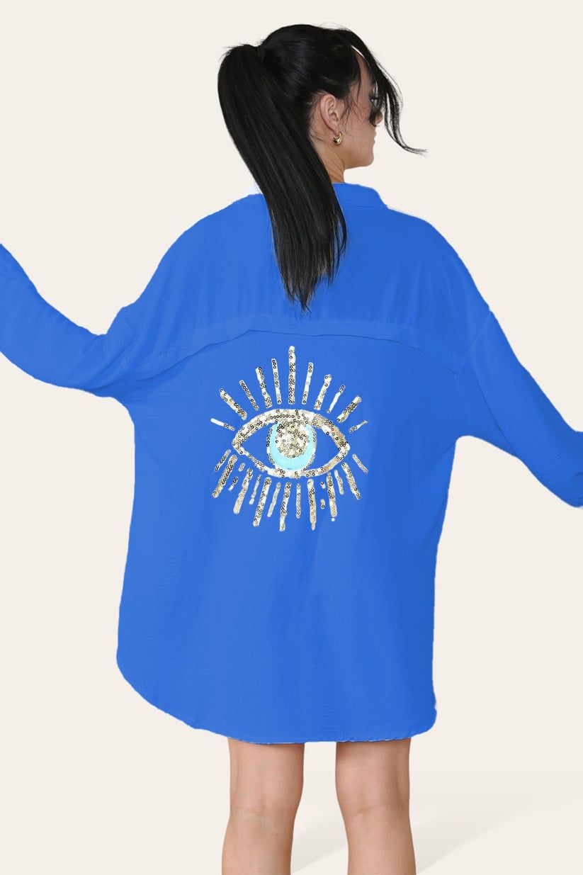 Oversized Long Sleeve Gold Sequin Eye Button Up Shirt