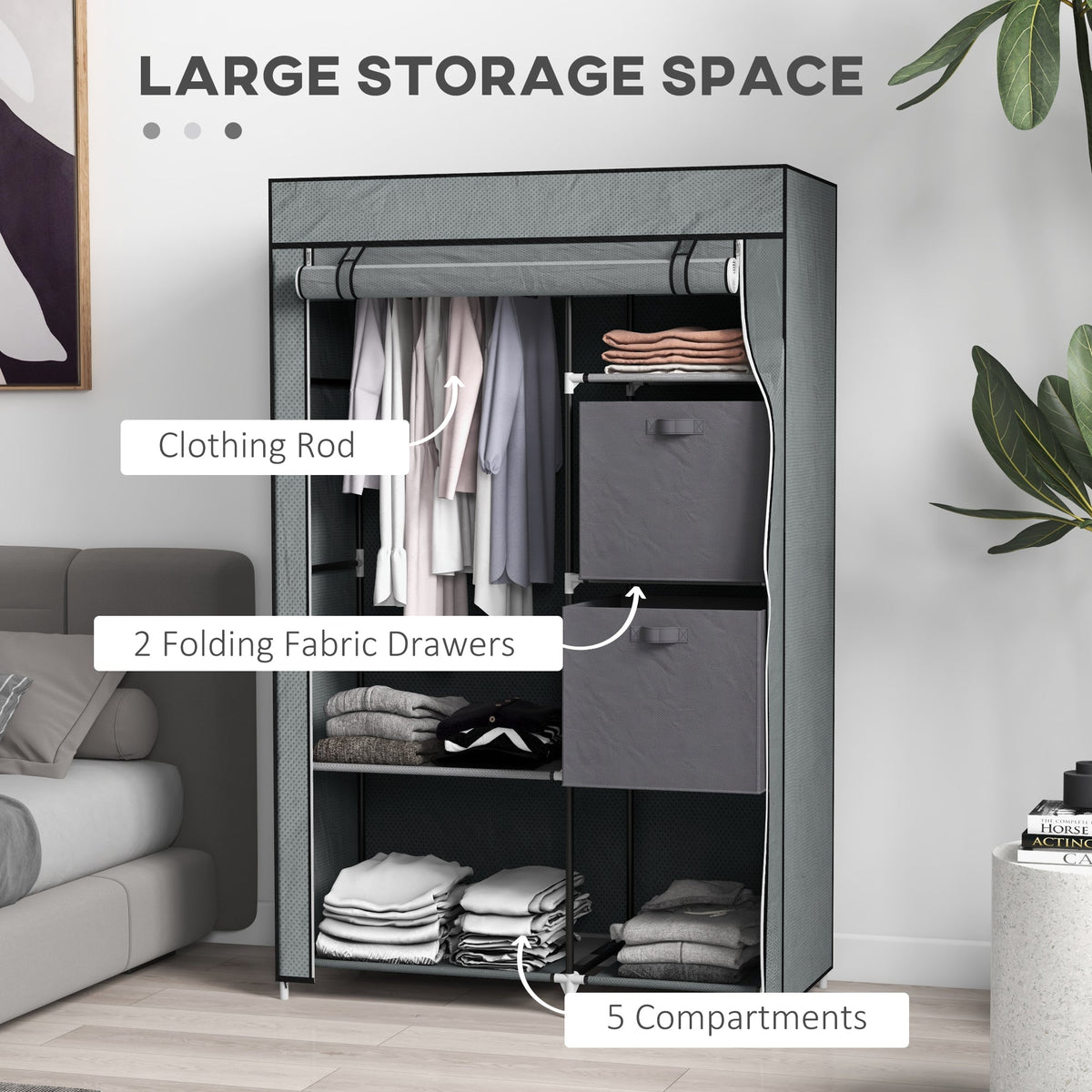 HOMCOM Fabric Portable Wardrobe with 2 Fabric Drawers, Hanging Rail, Grey