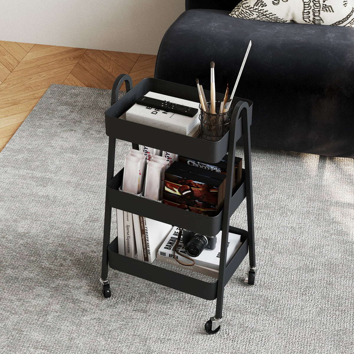 HOMCOM 3-Tier Rolling Utility Cart Kitchen Storage Trolley on Wheels Black